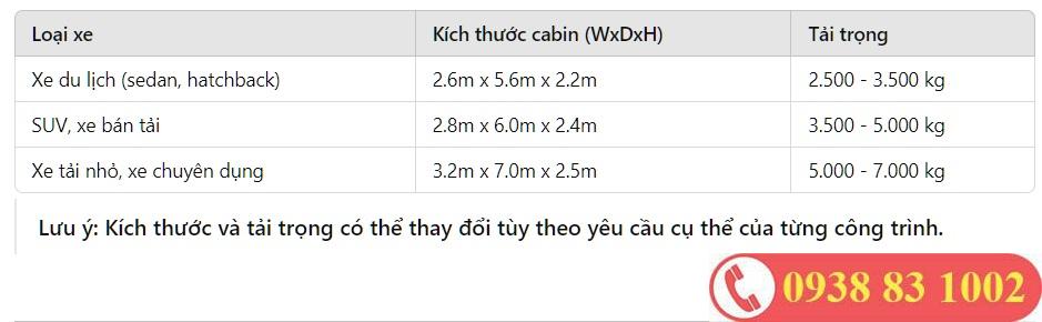Kích thước thang tải ô tô